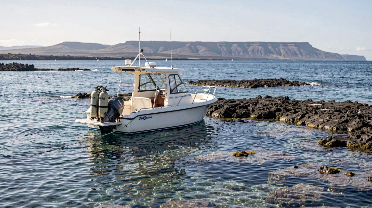A small six-passenger dive boat moored over a shallow lava reef off the Kona coast at mid-morning, two tanks racked upright at the stern, a mooring line angled down into clear blue water, the Big Island shoreline low and dark on the horizon.