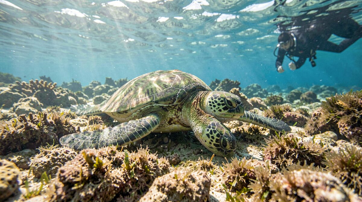 A green sea turtle grazing on a shallow patch reef in clear water off the Kona coast, late morning sun filtering down through the surface, the turtle centered low in the frame with rubble and short algae under it and a diver's silhouette held back in the upper right corner.