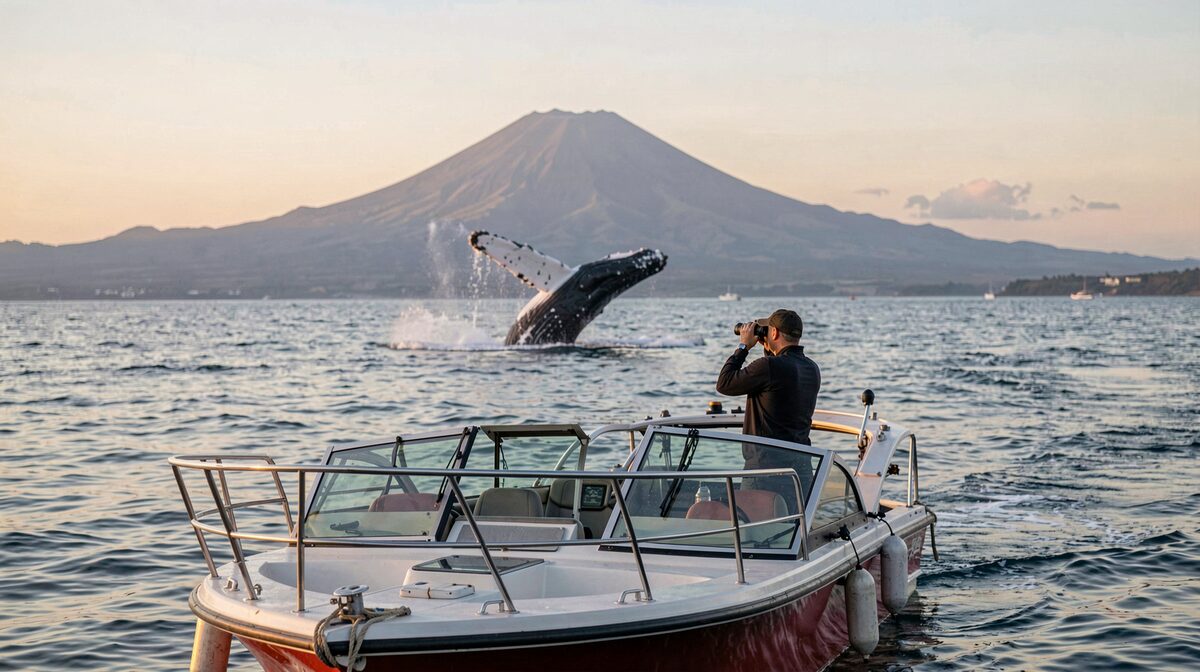 A six-passenger dive boat idling at dawn off the Kona coast, a humpback blow rising a hundred yards off the bow, the captain watching from the rail with binoculars, flat leeward water and Mauna Loa in the background.