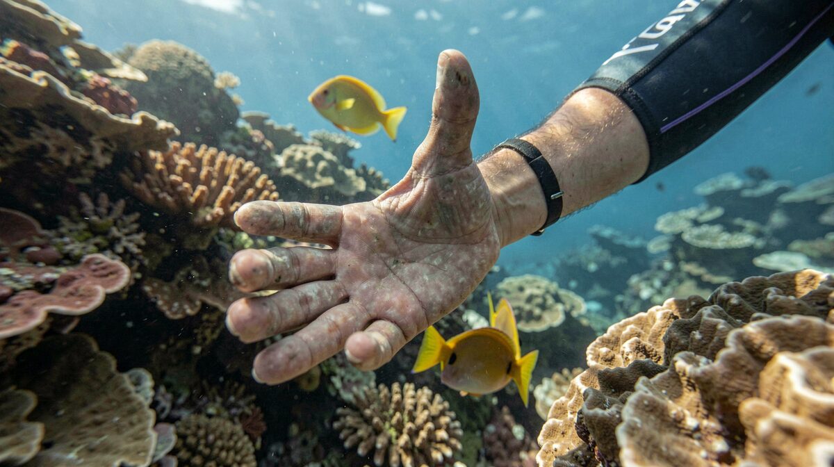 A diver's hand at forty feet on a Kona reef, fingers grey in ambient light, with a yellow tang passing behind, shot from a low angle in morning sun.