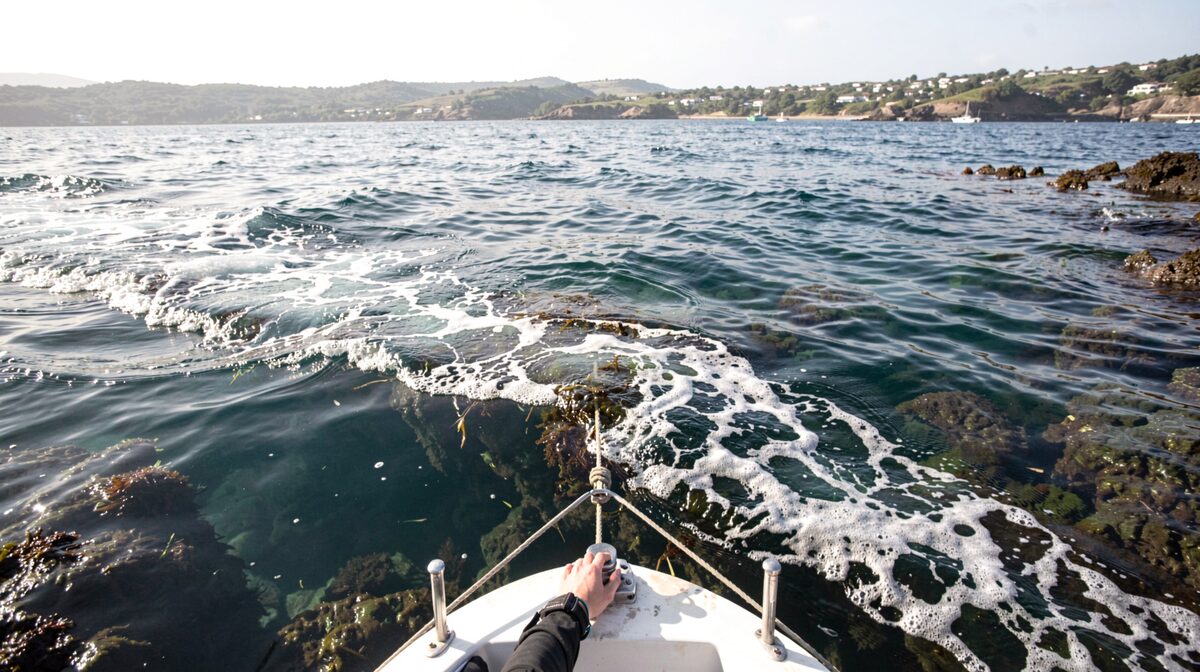 A small dive boat anchored over a reef edge off the Kona coast at mid-morning, a visible tide line of foam and weed running diagonally across the frame, a diver's hand on the anchor line at fifteen feet below the surface, flat light, wide shot from the boat's stern.