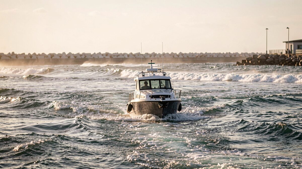 A small dive boat idling at a harbor channel entrance at first light, its wake spreading across confused chop where outgoing tide meets incoming swell, with a line of whitecaps beyond the breakwater.